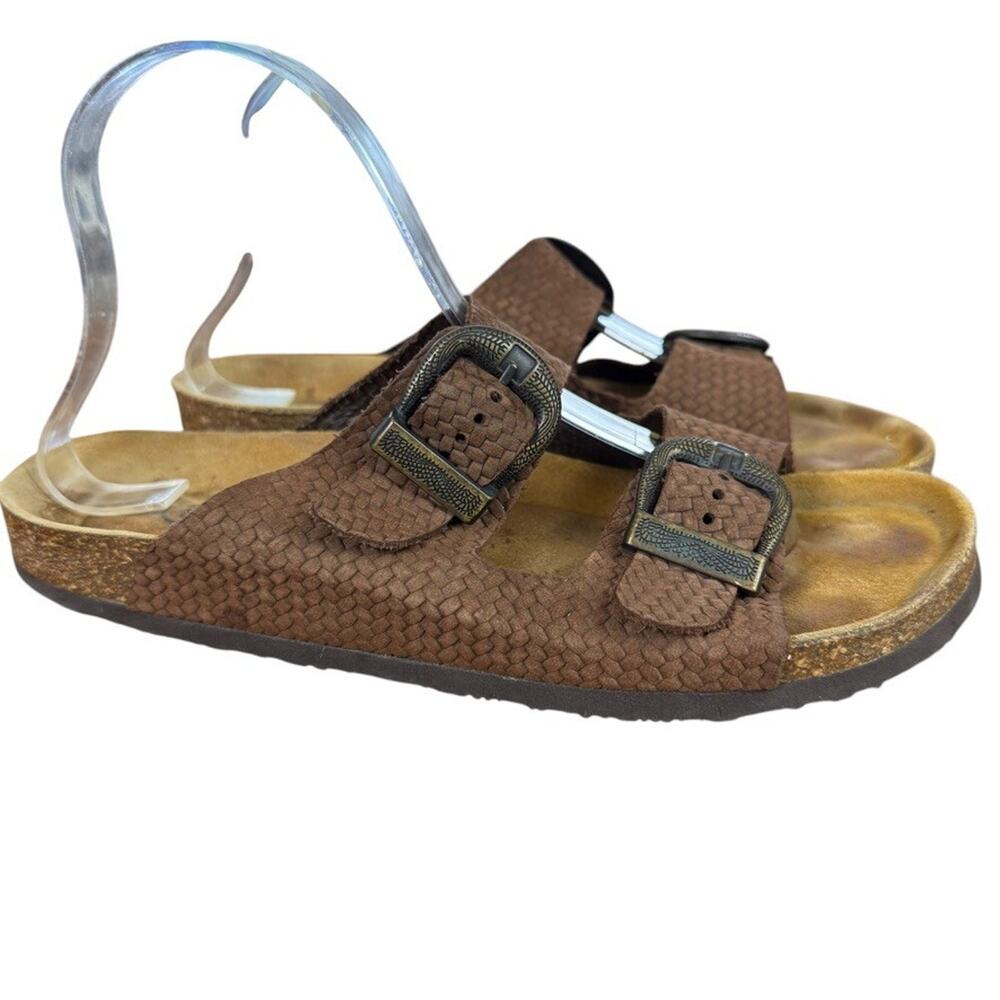 Plakton Womens Leather Brown Wide Strap Slides Sandals Slip On Shoes sz 40 / 9